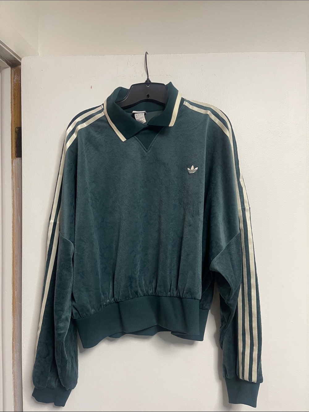 adidas Forest Green Velour Polo Sweatshirt with Cream Stripes